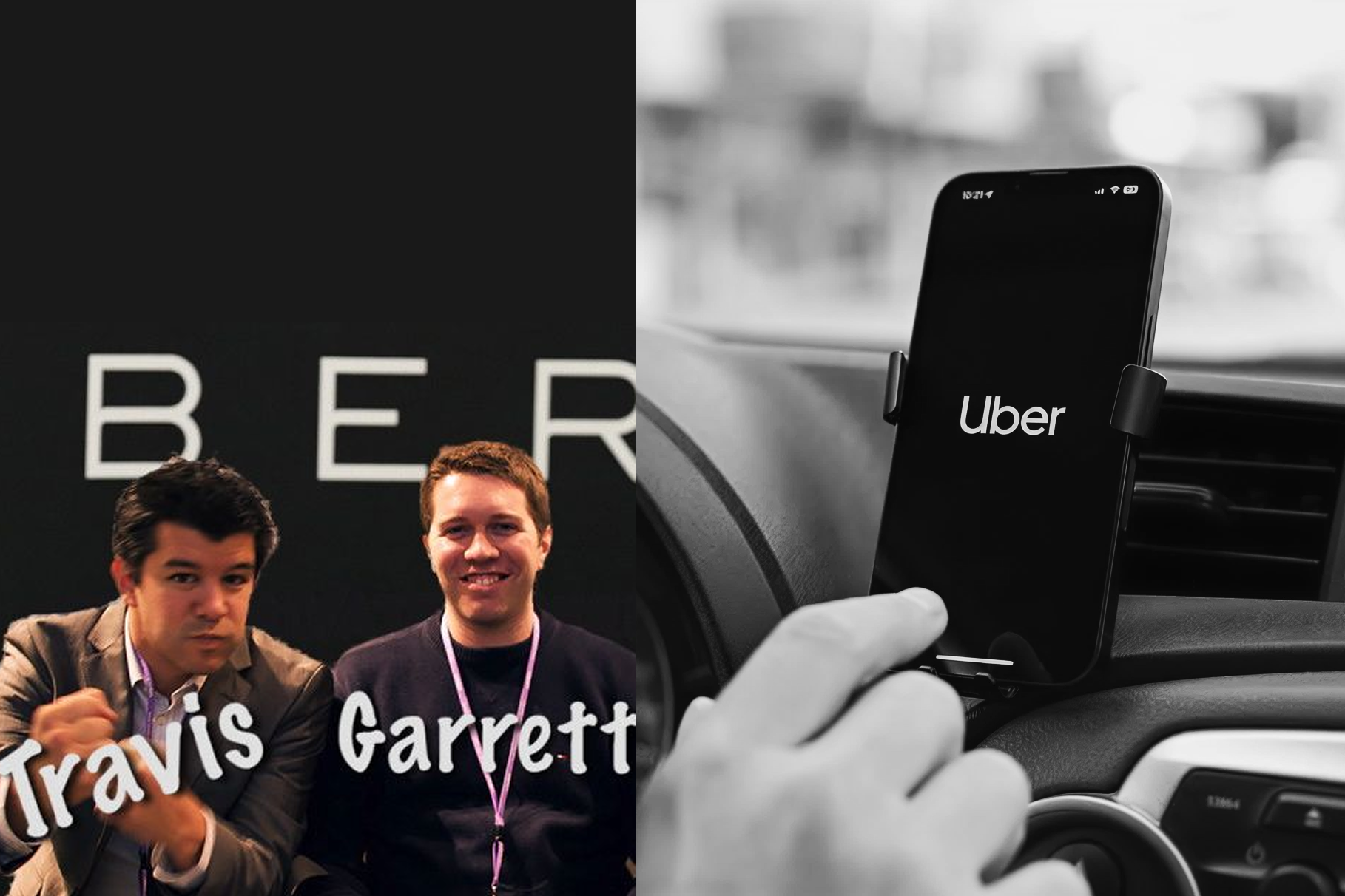 Uber founders Travis Kalanick and Garrett Camp, and the Uber app in use
