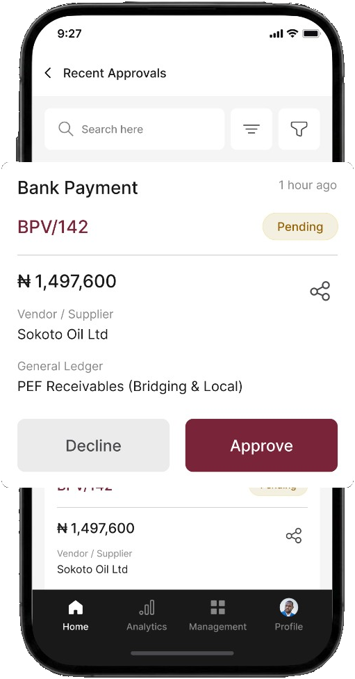 Finas Recent Approvals screen with pending bank payment approve and decline actions