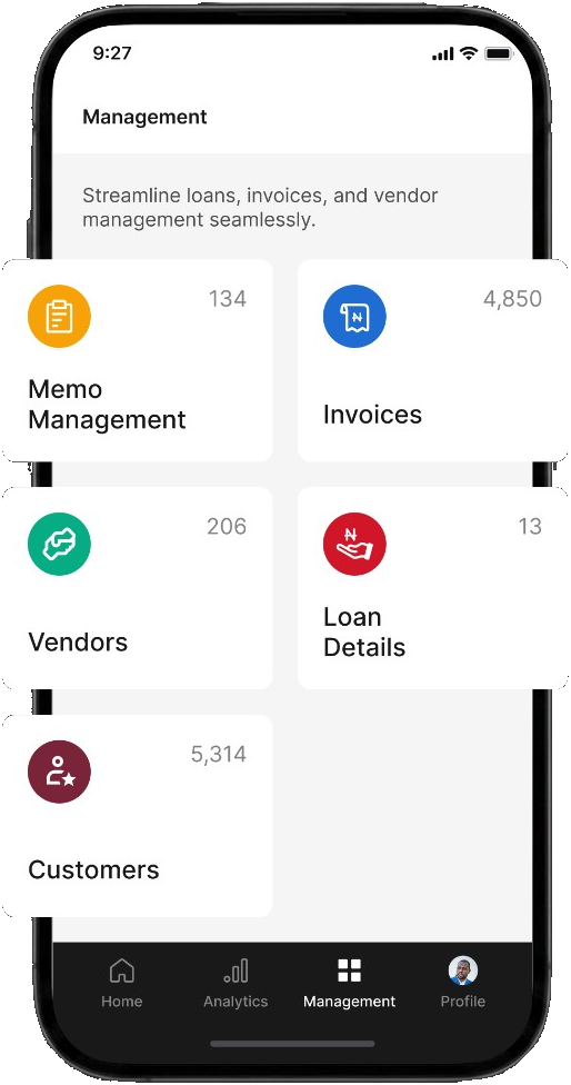 Finas screen for reviewing business assets alongside financial position
